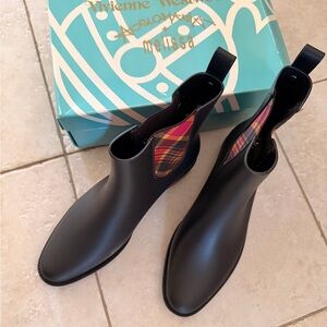 Vivienne Westwood Black Rain Boots with Plaid Accent